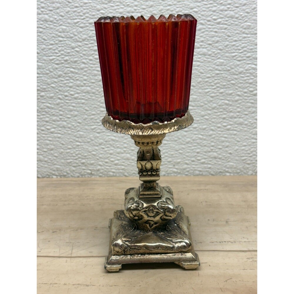 Vtg Silver Plated Votive Candle Holder With Ornate Square Base And Red Glass